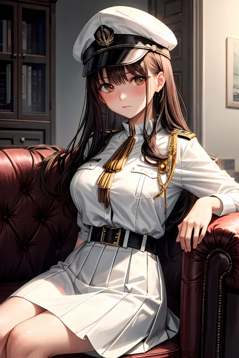 sitting on sofa, blush, sweat, deep brown eyes, hat, (white skirt), white military form, closed medium breasts , big breasts, masterpiece, detailed, intricate details