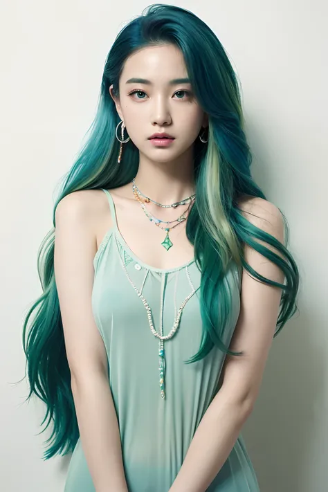 (extra detailed body、extra detailed face、best qualtiy:1.2)、femele、looking at the viewers、(Blue and green gradient hair color、Fancy piercings、a necklace、hippy)、(Ivory wall on background)