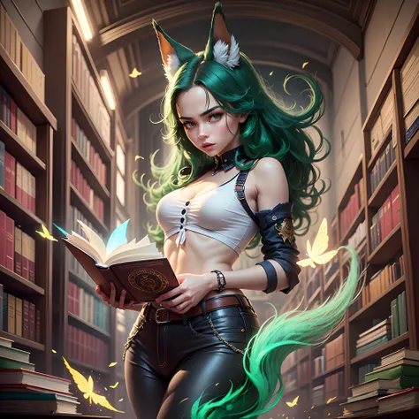 1 female, reading book, short emerald hair, green glowing eyes, green fox ears, no tail,  high quality, books, library, butterflies, cinematic radius, realistic digital art illustration poster film portrait, epic lighting, cinematic lighting, high res, (de...