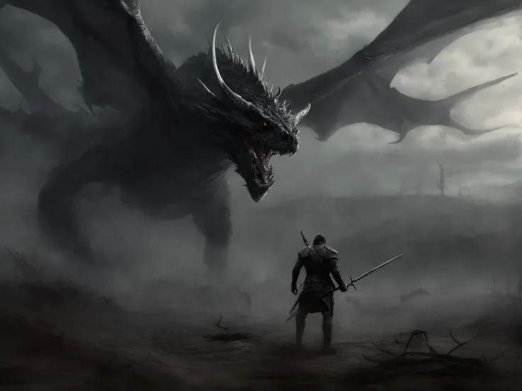 /Imagine Prompt: Epic fantasy battles across vast open plains, Armies of mythical creatures and warriors face each other, wielding fantastic weapons, Una tormenta que se avecina en el cielo oscuro, Un rayo cae al suelo, Fly over the dragon above, Greatness...