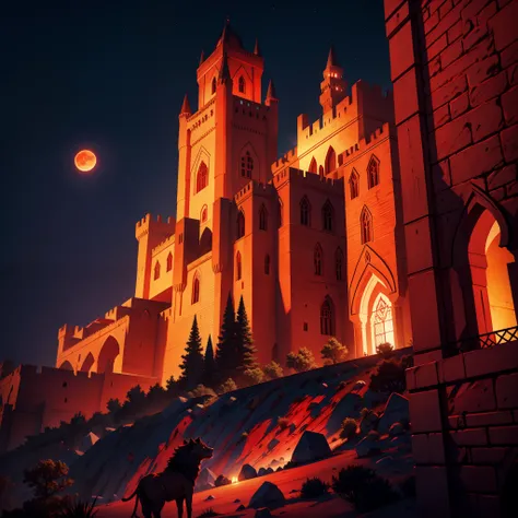 Moroccan Islamic Castle of Dracula Bright red moon behind the castle Great Legendary Islamic Architecture Built on Vampire Lion Statues Super Realistic Hyper Realistic Rock Texture Dynamic Shot Dynamic Shot Dynamic Shot 3D View