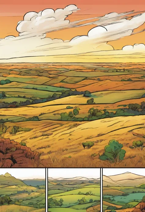 American comics, the comic story is presented in multiple irregular panels with color. nature image, grasslands bison, no people, hills, clouds, sunset, no buildings