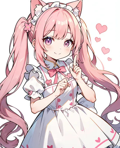 独奏, dress, flower, long hair, white dress, pink twin tails, very long hair, cat's ears,maid clothes, finger heart, a smile