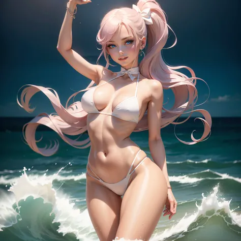 One Barbie, ((Full body)),8th class, Blue eyes, Smiling face, Hair loss swaying in the wind, Hip Hop Singer Pose, Dressed in hip-hop style,White Bikini,swarovski,pasties,With a pink bow on the arm, Fashion, Extremely high quality, high details, 8K, clean b...