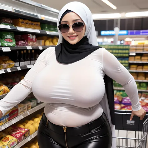 Malaysian hijab milf wearing white Tight Sleeves, Tight Long pants, wearing Luxury black Sunglasses, wet oiled Sleeves, wet oiled Body, huge plump ass, Huge breast, At supermarket,Happy smile