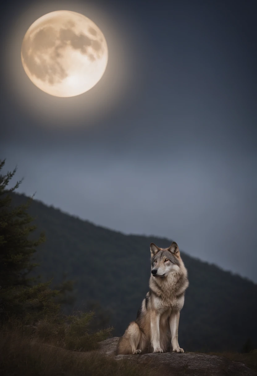 A carta da Lua: Desenhe uma paisagem noturna com uma lua cheia ao fundo. Add a wolf howling at the moon and a female figure in a state of contemplation, representando o mundo dos sonhos, Intuition and mystery.