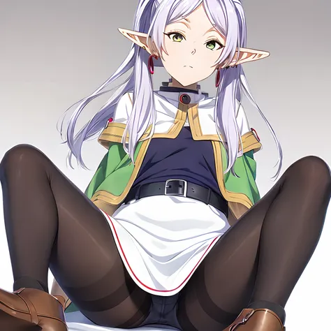 ((masutepiece)), (Best Quality), hight resolution, Ultra-detailed,
1girl in, earrings, elf, Long hair, Long sleeves, pointy ear, Solo, Twin-tailed, Green eyes, earrings, White hair, Looking at Viewer,
white capelet, long boots, Brown Footwear, ((Black pant...