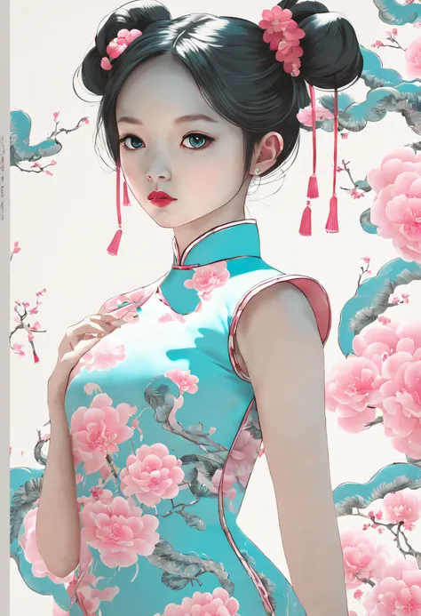 uma menina em cheongsam, uma menina de 18 anos, chinoiserie, estilo moderno, roupas fluorescentes, menina com pigtail, cocar de ...