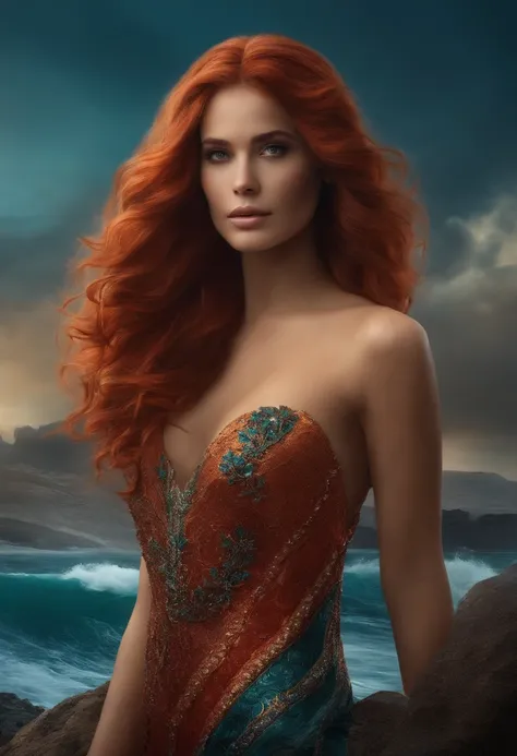 imagine uma mulher sereia de fogo com os cabelo compridos dentro de uma concha , personagem estilo 3d