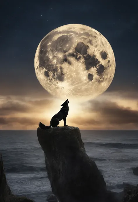 A carta da Lua: Desenhe uma paisagem noturna com uma lua cheia ao fundo. Add a wolf howling at the moon and a female figure in a state of contemplation, representando o mundo dos sonhos, Intuition and mystery.