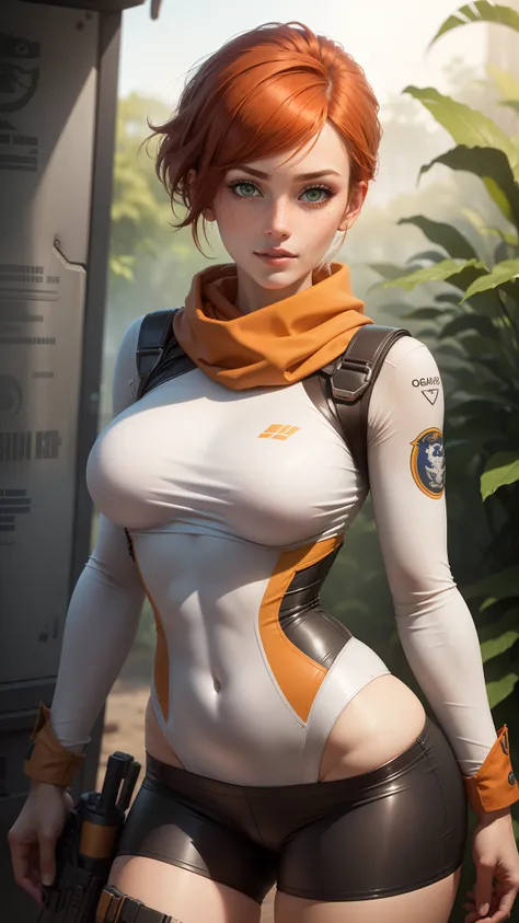 gwen tennyson,tracer,chun-li,rebecca chambers,tomb raider,overwatch,1girl, close up,mecha pilot,mayan jungle, orange and pink plugsuit,hair pin,pirate corset,white long sleeve lycra top,silver lycra micro shorts,short hair,cute makeup,green eyes,orange and...