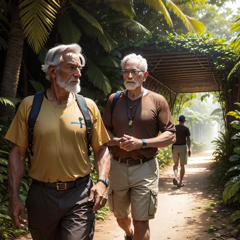 Artefatos de ouro jogados na beira de um rio, selva amazonica, and an old explorer man wearing a brown shirt walking towards the screen