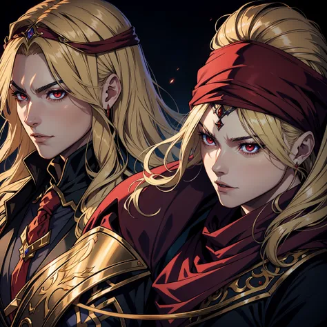 Castlevania Hyper Realistic Lord of Shadows Super Detailed Dynamic Shot Of Moroccan Wife Blonde Hair With Lord Dracula Red Hyper Realistic Turban Hokuto No Ken Style With Red Turban Zoom Red Eyes Shiny Crystal Eyes