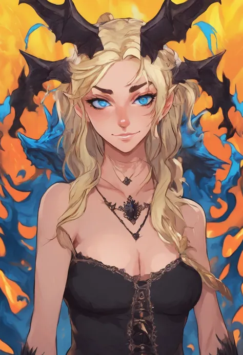 female teenage demon with blonde hair, blue eyes, black wings, tail and horns, punk-rock outfit, fire background, evil facial expression, realistic