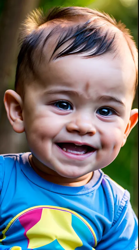 Ultra high quality, ultra high definition, ultra sharpness, 8K, a very cute baby boy, 1 year old, alone, wearing a childrens clothes, portrait, ultra detailed eyes, ultra detailed irises, completely identical irises, cheerful smile