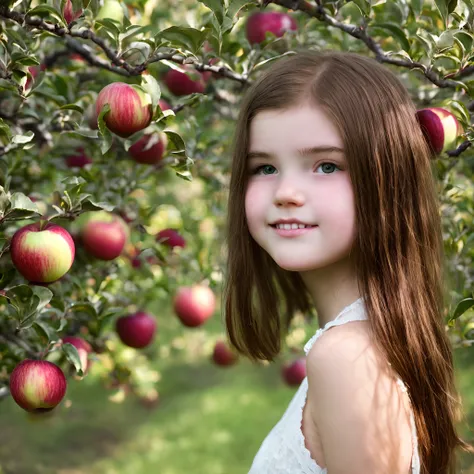 adolescente, mulher, cabelo cacheado, cabelo castanho, olhos avermelhados, bronzeada, nariz pequeno, apple orchard