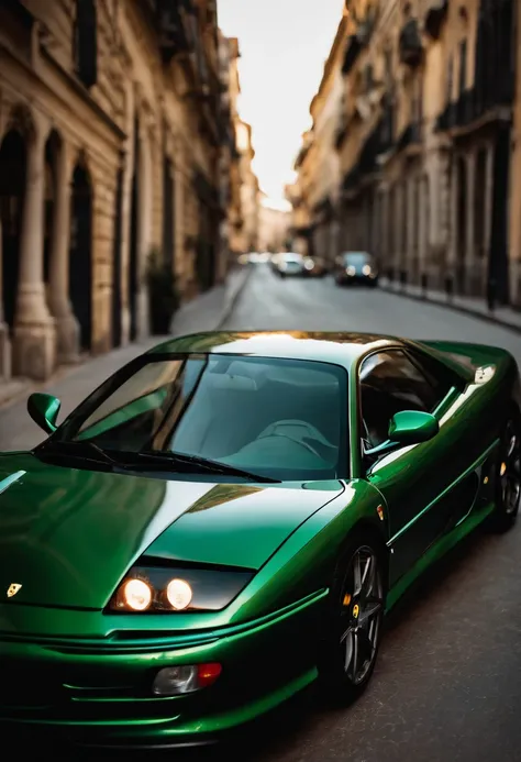 Ferrari F355 color verde ingles con interior de cuero marron en ciudad gotica circulando a alta velocidad