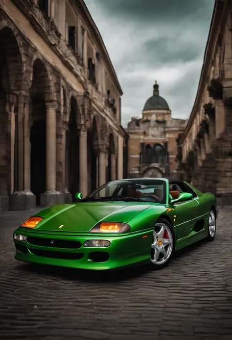 Ferrari F355 color verde ingles con interior de cuero marron en ciudad gotica circulando a alta velocidad