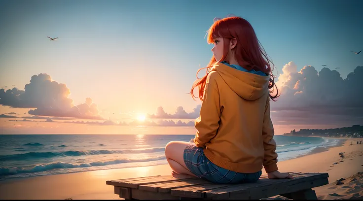 (best quality,4k,8k,highres,masterpiece:1.2),a 13-year-old girl with red hair and dark skin, wearing an orange hoodie, sitting on a wooden bench overlooking the beach, centered view from her back, sunlight coming from the right side,ultra-detailed,realisti...