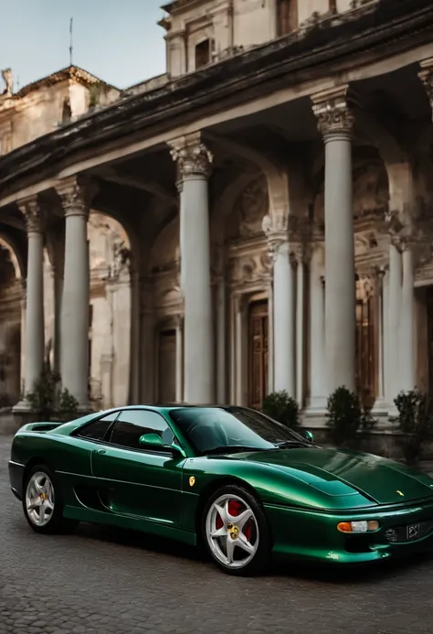 Un auto marca Ferrari F355 de color verde ingles en su exterior con el interior forrado de  cuero marron de tono medio se encuentra en ciudad gotica circulando a alta velocidad