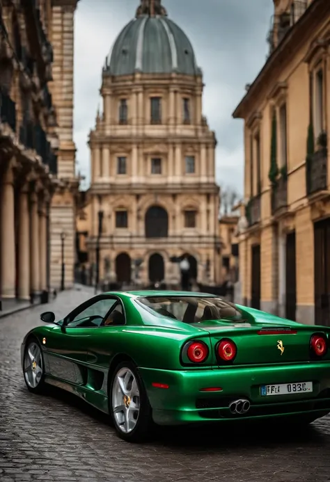 Un auto marca Ferrari F355 de color verde ingles en su exterior con el interior forrado de  cuero marron de tono medio se encuentra en ciudad gotica circulando a alta velocidad