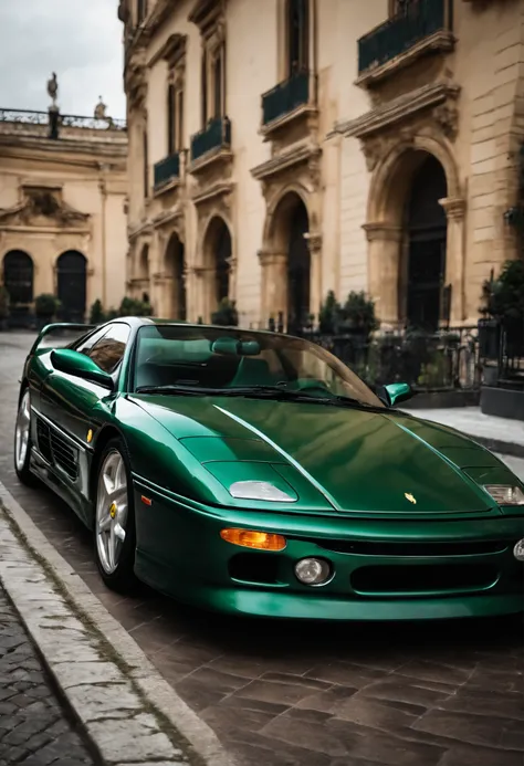 Un auto marca Ferrari F355 de color verde ingles en su exterior con el interior forrado de  cuero marron de tono medio se encuentra en ciudad gotica circulando a alta velocidad