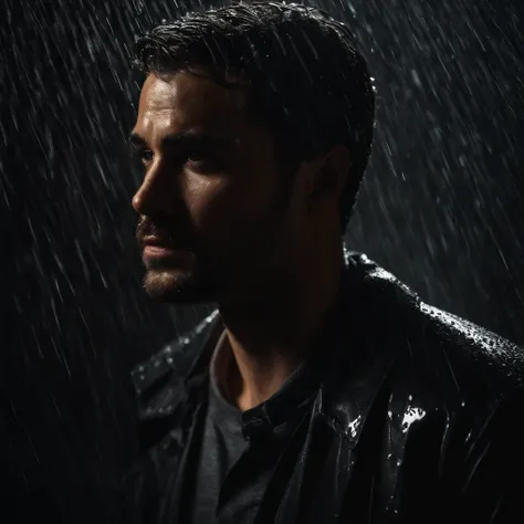 A man standing in a spotlight in the rain,illustration,realistic,photorealistic:(best quality,4k,8k,highres,masterpiece:1.2),extremely detailed face,beautiful detailed eyes,beautiful detailed lips,long eyelashes,wet hair,glistening skin,reflections on the ...