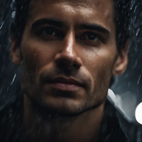 A man standing in a spotlight in the rain,illustration,realistic,photorealistic:(best quality,4k,8k,highres,masterpiece:1.2),extremely detailed face,beautiful detailed eyes,beautiful detailed lips,long eyelashes,wet hair,glistening skin,reflections on the ...