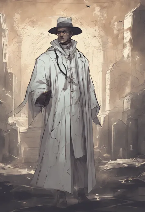 A doctor from the time of the spooky plague, wearing thin white robes that reflect the light of the cloudy sky. Em suas vestes, filetes de couro usados para prender as mangas. Everything suggests that this is someone very important.