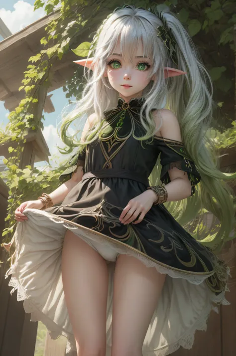 The elf stands and looks at the camera, A girl stands at a fair, green eyes and white hair, The wind lifts the skirt, You can see the underpants, blue skies, Beautiful clear blue sky, green hairpins in the hair, skinny waist, Slender figure, Appearance of ...