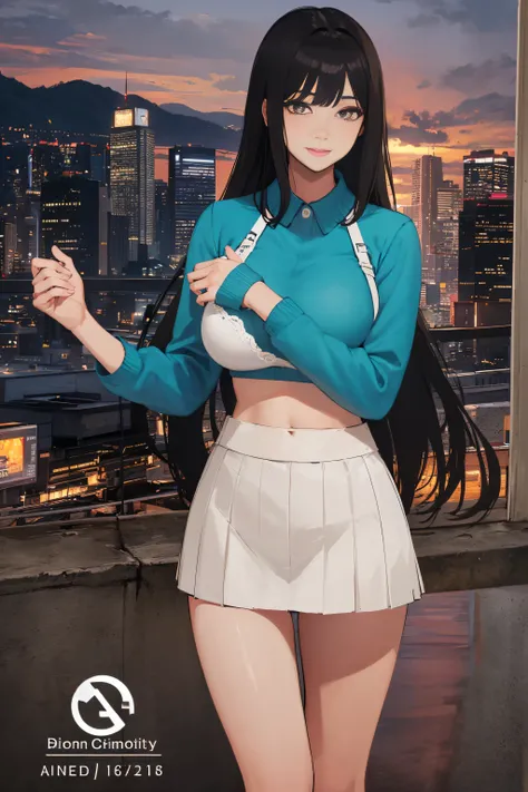 ((Currently, a cute and beautiful woman is changing her underwear)), ((22-year-old beauty)), ((embarrassed smile)), ((luscious long hair)), ((miniskirt)), (( Gradient Eyes)), ((Background is a city night view)), Attractive Makeup, Scenery, NFSW, UHD, Retin...