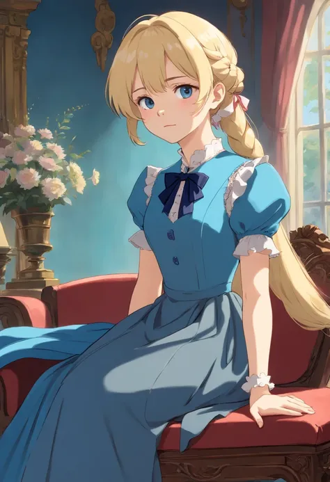 A stunningly beautiful but frustrated blonde maiden wearing an elegant formal Victorian morning dress of fine blue wool