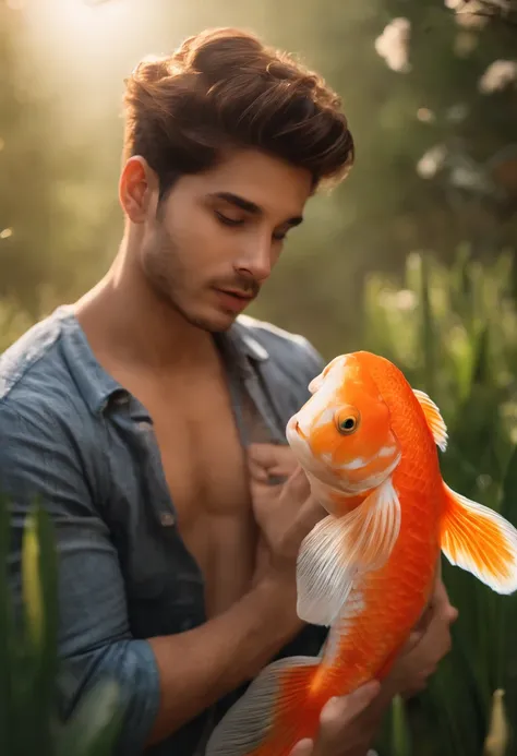 qualidade de imagem do filme，Disney Animation Style，A boy swims in the sea with a koi in his arms，cabelo curto e detalhado，Denim suspenders，Bare feet，profundidade de campos，Luz alta，luz real，Traching de raias，oc renderizado，hyper-realistic，melhor qualidade...