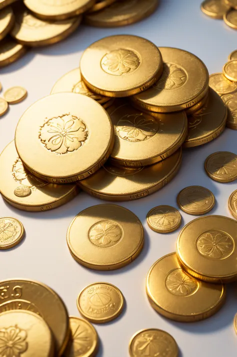 Gold coins on a white surface