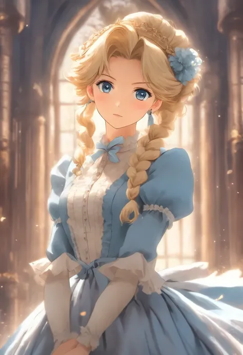 A stunningly beautiful but frustrated blonde maiden wearing an elegant formal Victorian morning dress of fine blue wool