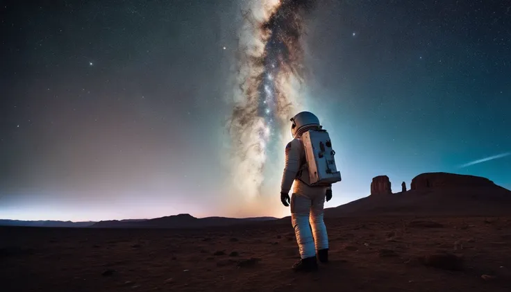 A lone astronaut moves in the cosmic vacuum, rodeado de polvo de estrellas brillantes y galaxias distantes. Capture the breathtaking vastness of space and the human spirit of exploration