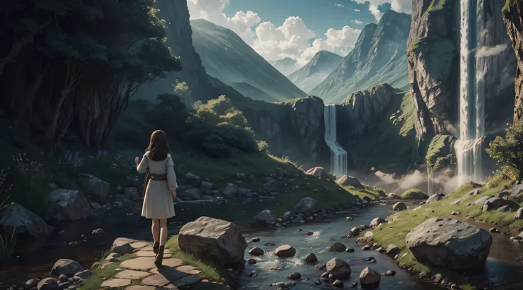 cloud, quiet, young girl, stone road and hill with a small waterfall on top, best quality, realistic human face, cinematic lighting, beautiful detailed intricate insanely detailed, full body, beautiful,