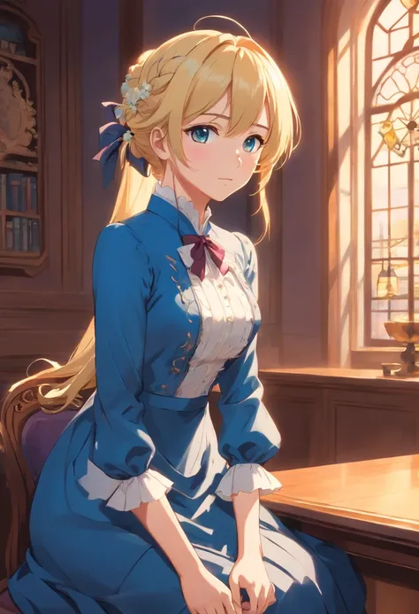 A stunningly beautiful but frustrated blonde maiden wearing an elegant formal Victorian morning dress of fine blue wool