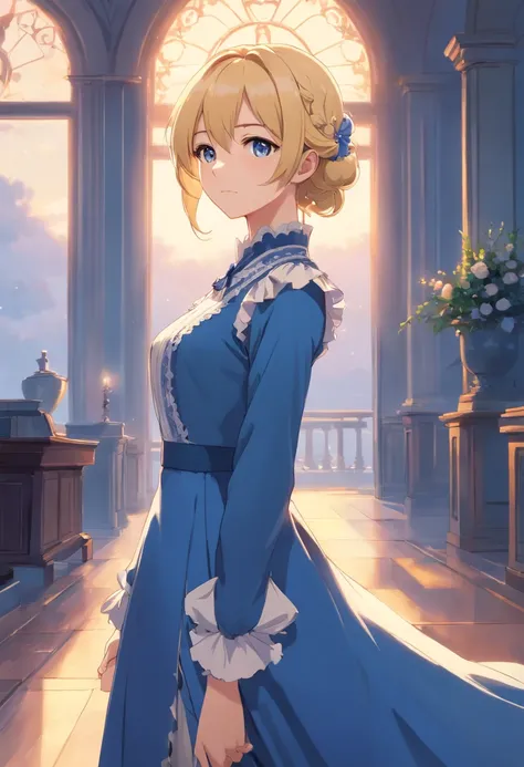 A stunningly beautiful but frustrated blonde maiden wearing an elegant formal Victorian morning dress of fine blue wool