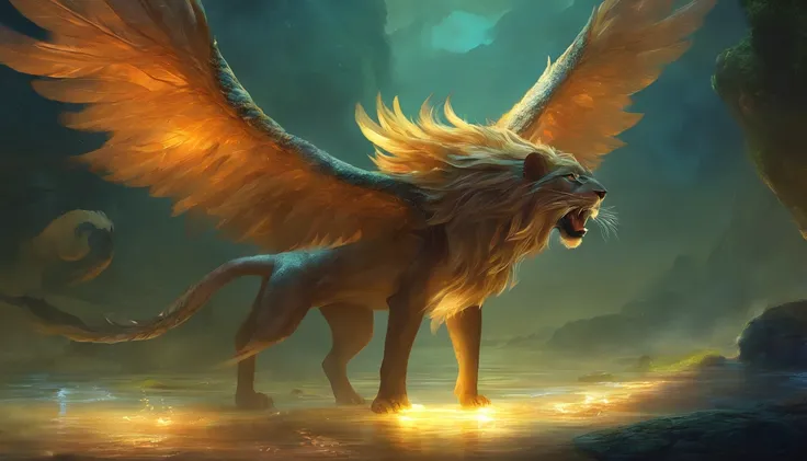 A Chimera a mythical creature,a Lion and he is large and vast, he has wings like and eagle, he has gills across his sides where his ribs are at so he can breath under water, his paws are webbed to help him swim, he has slick skin like dolphin, and his eyes...