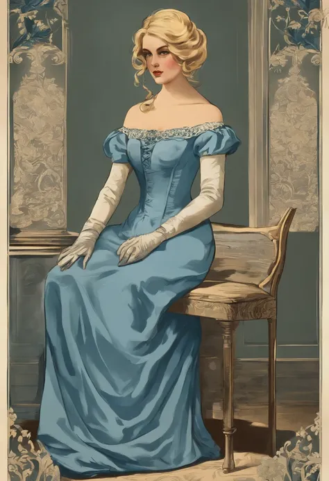 A stunningly beautiful but frustrated blonde maiden wearing an elegant formal Victorian morning dress of fine blue wool