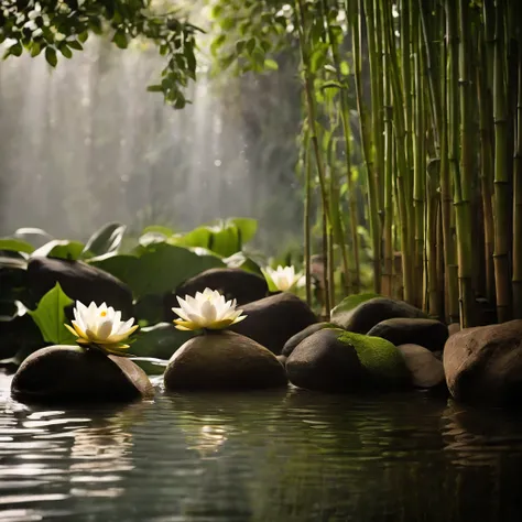 (best quality,highres,photo-realistic:1.37),bamboo fountain,water lilies,spa stones,serene atmosphere,gentle water flow,zen garden,harmonious,peaceful,sunlight filtering through leaves,natural materials,reflective surface,soothing colors,stress relief,tran...