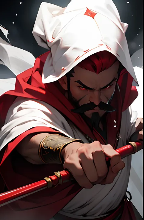 (best quality,highres),Feiticeiro Gnomo,man,red mustache,black eyes,white robe with red details,wielding a staff with a ruby on the top,In combat stance against a Lich,ultra-detailed,realistic,portrait,studio lighting,vivid colors,sharp focus,physically-ba...