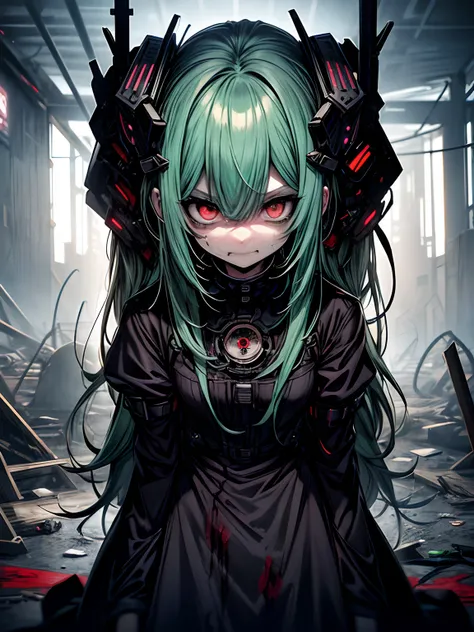 ahegao、miku hatsune、green hair、black dress、very fellow humanoid characters, red eyes, she's crazy, nutty, horor, is scared, is s...