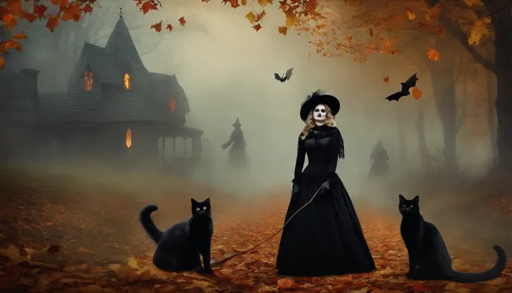 Fiesta de Halloween con gatos, brujas y fantasmas, with Dark Vintage Gothic Collage Wall Art Style, Autumn season with fog.