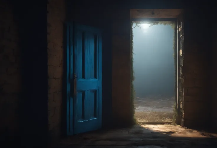 Character with curly hair looking at a door in an abandoned building, pixelated style, the door leads to a place that is completely dark, there is only a small blue lighting that you can barely see, and it is already dark outside