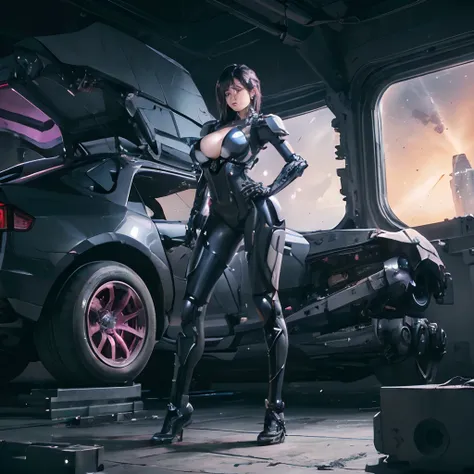 (Full body photo:2), (One/Woman/mechanic:1.8), (Extremely large breasts:1.8), (All machine bodies:2), (With bionic armor:1.5), White with black gears, (She is inside a spaceship near a window looking into space:1.5), (She has very short purple straight hai...