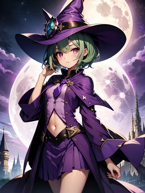 top-quality、extremely delicate and beautiful、(A teenage girl)、Purple Eye、Green hair、short-haired、(purple witch hat)、Purple tie、Soio、shortsleeves、Purple skirt、Purple Wizard Robe、Navel、is standing、Full moon night on background