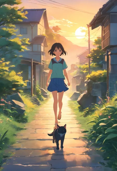 In a beautiful little village，There are mountains，forest，grass field，small lake，pup，Baby cat，girl with，Libido boy，Boys trotting through the village，And a beautiful sunset，Breeze 1, NSFW