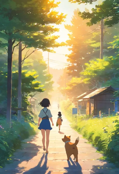 In a beautiful little village，There are mountains，forest，grass field，small lake，pup，Baby cat，girl with，Libido boy，Boys trotting through the village，And a beautiful sunset，Breeze 1, NSFW